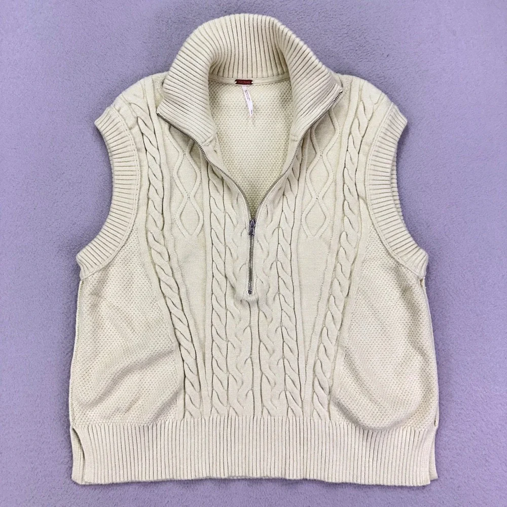 Free People Lizzy 1/4 Zip Sweater Womens Medium Cream‎ Green Cable Knit Vest - Picture 2 of 10
